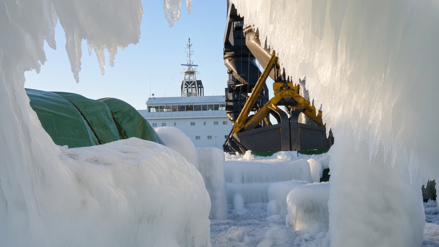 Ice on deck looking toward the house and crane